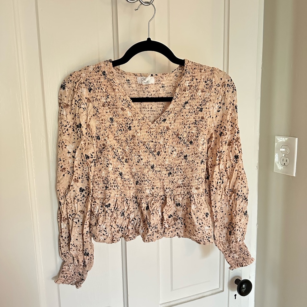 Japna Tan Ruched Crop Blouse Long Sleeve